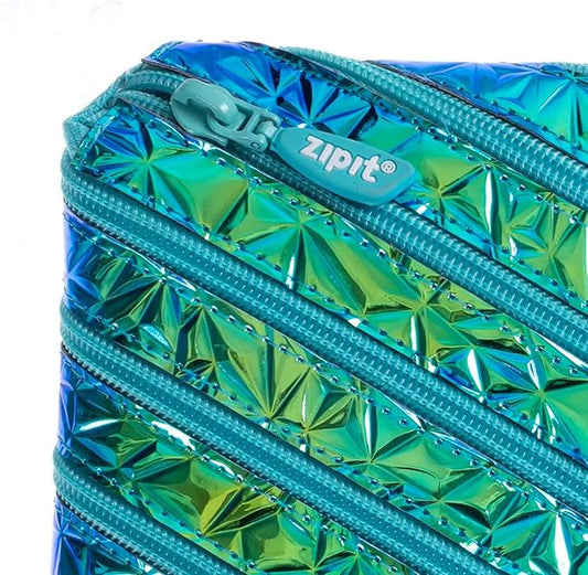 ZIPIT - Metallic Pencil Case for Girls, Holds Up to 30 Pens, Pouch Made of One Long Zipper! (Blue - Green) - Marah Kids