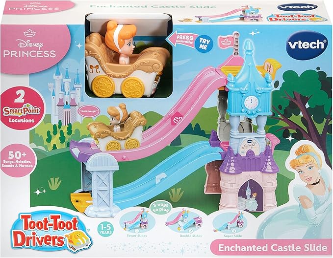 Vtech - Toot - Toot Drivers Enchanted Castle Slide, Disney Princess Playset - Multicolour | with Included Cinderella Vehicle, Lights, Phrases, Songs, Interactive | Ideal for ages 1 - 5 + up - Marah Kids