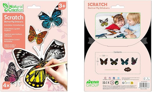 Avenir - Scratch Stickers - Butterfly Multicolour | Decorate and color the 4 ferocious stickers with scratch art | For ages 3 years+ - Marah Kids