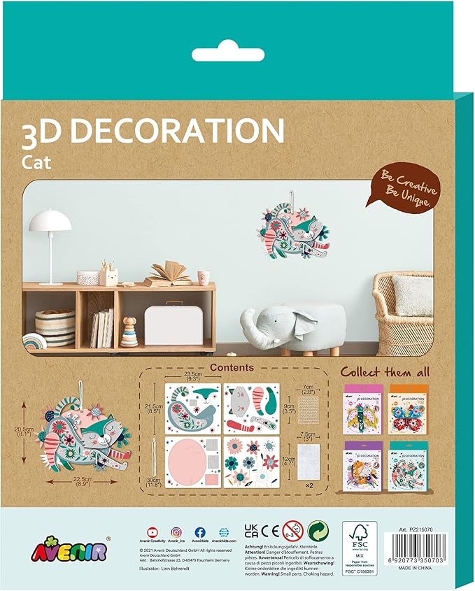 Avenir 3D Decoration - Cat Kit | Turn Your Wall into a Zoo! Create 3D Decorations with Pre - Cut Cardboard Puzzle Pieces | Thoughtful and Creative Gift Option for Kids 3+ - Marah Kids