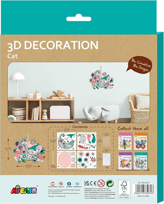 Avenir 3D Decoration - Cat Kit | Turn Your Wall into a Zoo! Create 3D Decorations with Pre - Cut Cardboard Puzzle Pieces | Thoughtful and Creative Gift Option for Kids 3+ - Marah Kids