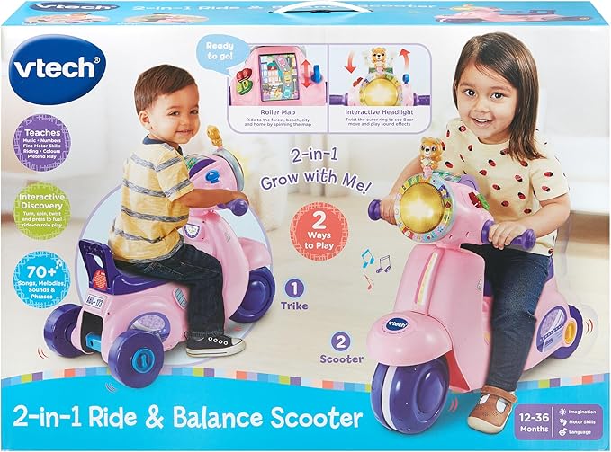 Vtech - 2 - IN - 1 Ride & Balance Scooter - Multicolour | Easily transforms from trike to balance bike. Interactive headlights and roller maps | Suitable ages 12m + up - Marah Kids