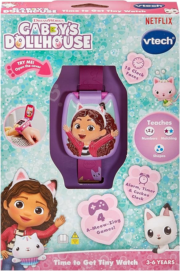 "Vtech - Gabby’s Dollhouse Time to Get Tiny Watch - Multicolour | includes 10 digital clock faces featuring Gabby and her kitty friends, a stopwatch| Suitable ages 3 + up " - Marah Kids