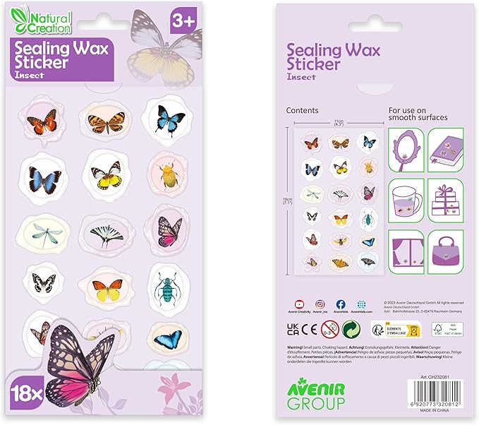 Avenir - Sealing Wax Stickers 10 pack - Insect Multicolour | fabulous sealing wax stickers showcasing a collection of space objects | Ages3+ - Marah Kids