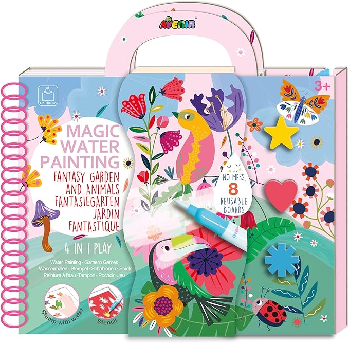 Avenir Magic Water Painting – Fantasy Garden | Mess - Free Reusable Coloring Book with Water Pen and Stickers | Hours of Creative Fun and Learning for Kids 3+ - Marah Kids