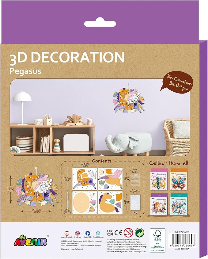 Avenir 3D Decoration - Pegasus Kit | Turn Your Wall into a Zoo! Create 3D Decorations with Pre - Cut Cardboard Puzzle Pieces | Thoughtful and Creative Gift Option for Kids 3+ - Marah Kids