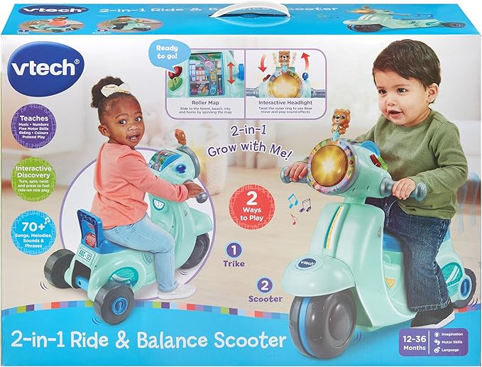 Vtech - 2 - IN - 1 Ride & Balance Scooter - Multicolour | Easily transforms from trike to balance bike. Interactive headlights and roller maps | Suitable ages 12m + up - Marah Kids