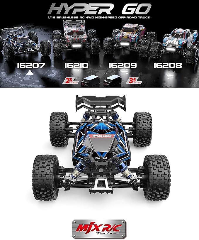 MJX Hyper GO 16207 with 3S Battery 1/16 RTR Brushless RC Cars, 62KM/H Fast RC Truck, 4WD All - Road Remote Control Cars | suitable 14+ ( Multicolour) - Marah Kids