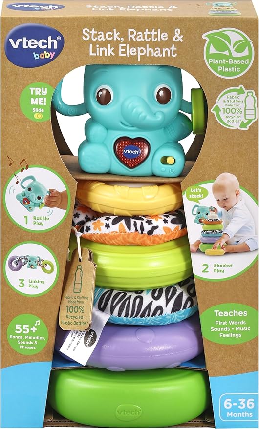 Vtech - Stack, Rattle & Link Elephant | Interactive & Developmental Toy with Sounds and Music | For Boys & Girls, Suitable for Ages 3 Months+ - Marah Kids