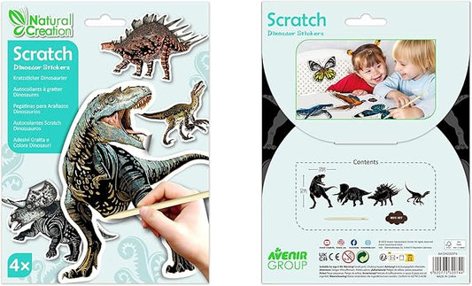 "Avenir - Scratch Stickers - Dinosaur Multicolour | Decorate and colour the 4 ferocious dinosaur stickers with scratch art | For ages 3 years+ " - Marah Kids