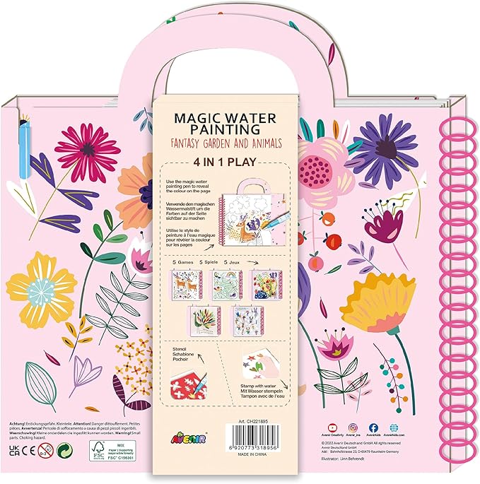 Avenir Magic Water Painting – Fantasy Garden | Mess - Free Reusable Coloring Book with Water Pen and Stickers | Hours of Creative Fun and Learning for Kids 3+ - Marah Kids