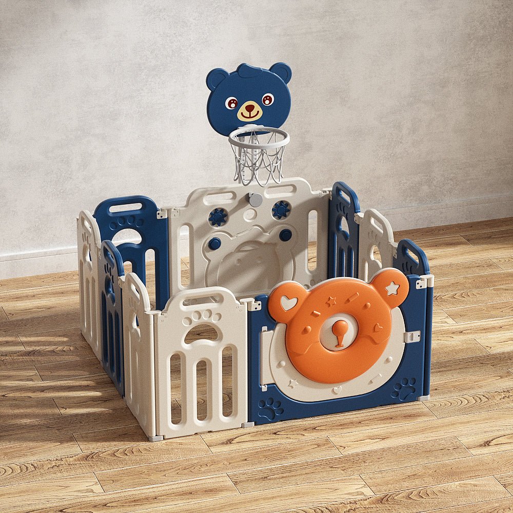 Kids Bear Playpen Blue - w/ Basketball Hoop - 10 pcs - Marah Kids