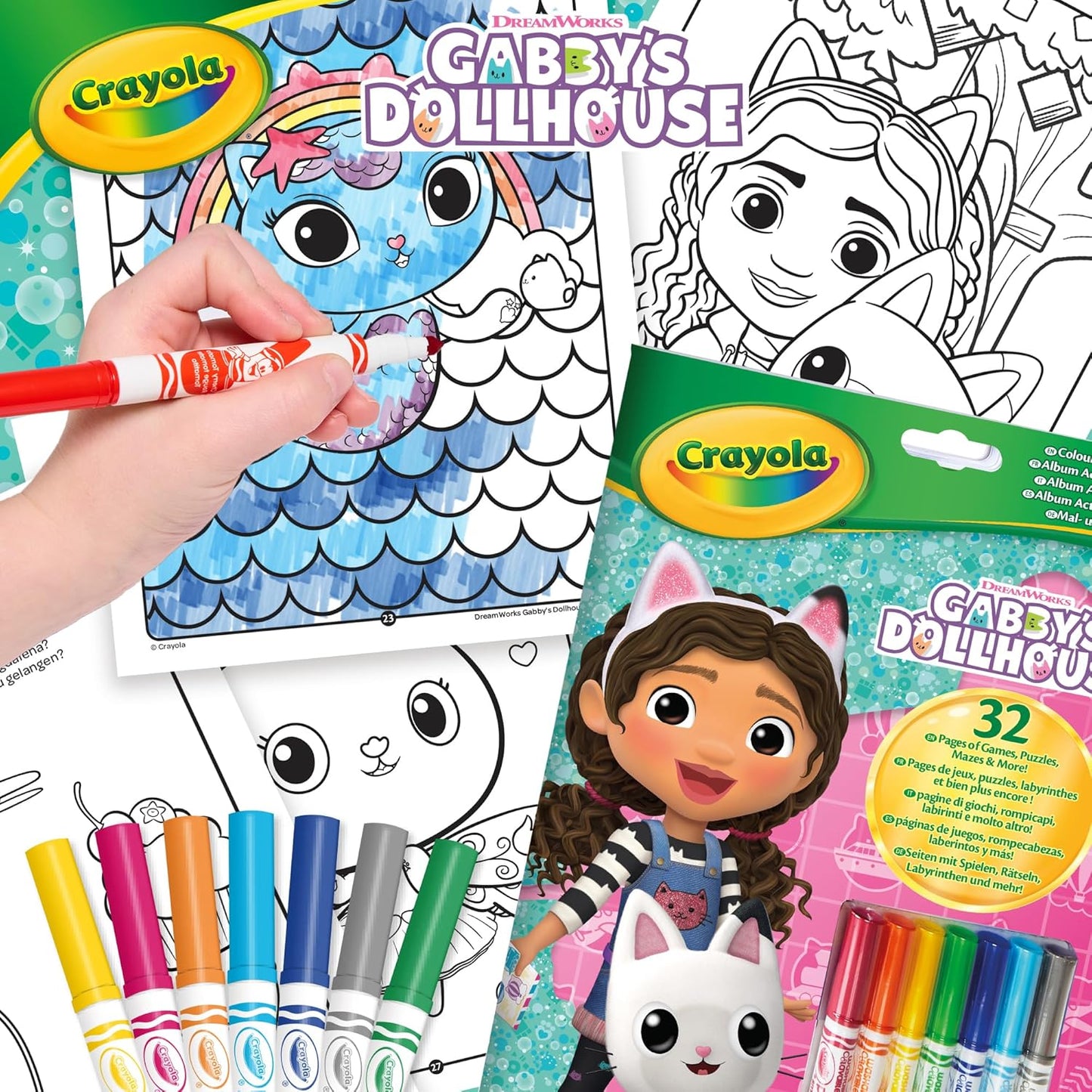 Crayola - Gabby's Dollhouse Album Activity and Colouring e, 32 Colouring Pages and 7 Washable Mini Felt Tip Pens | ideal gift ages from ages 3+ - Marah Kids
