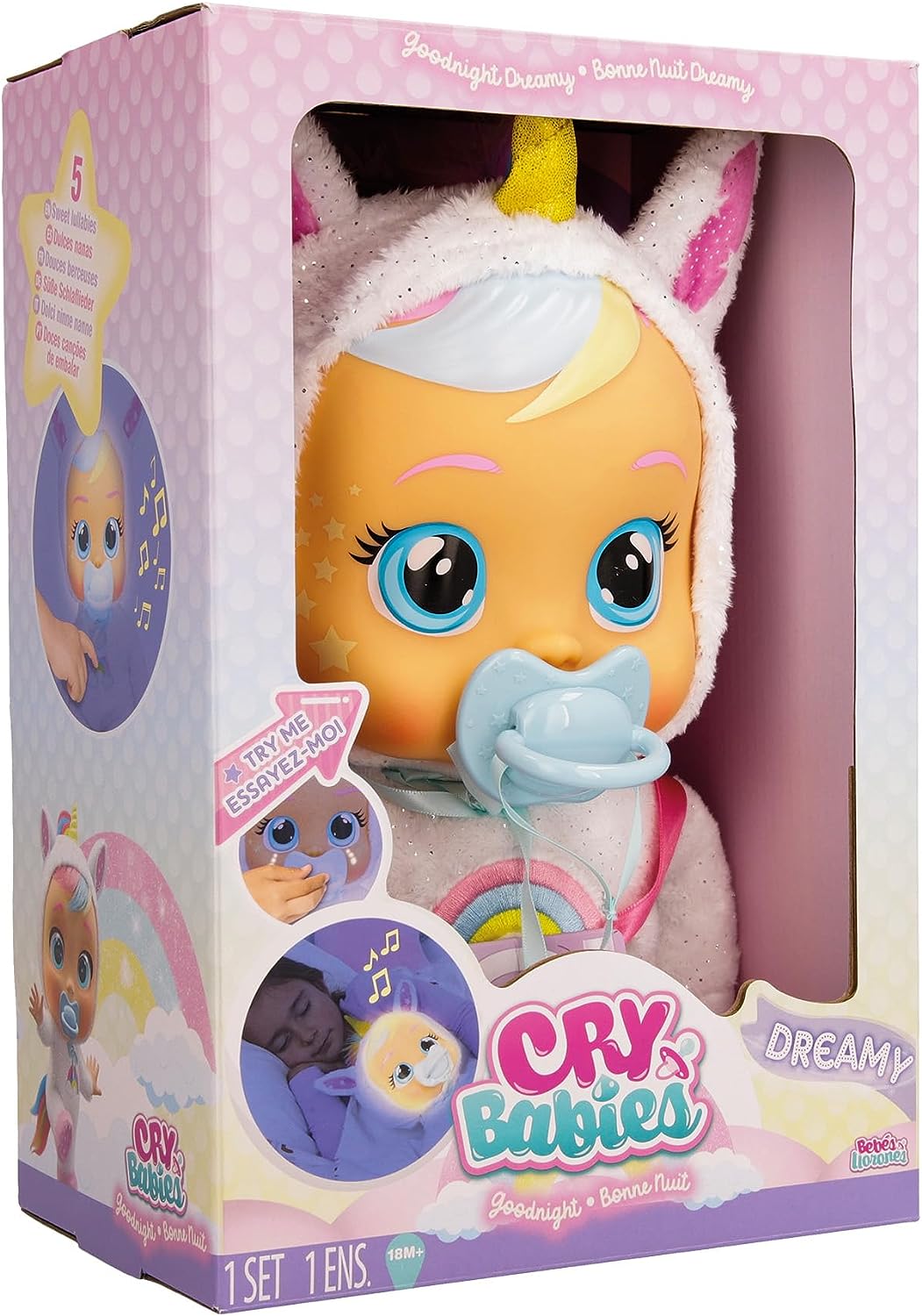 Cry Babies Goodnight Dreamy Interactive Baby Doll in Unicorn - Themed Pajamas, Battery Operated - Marah Kids