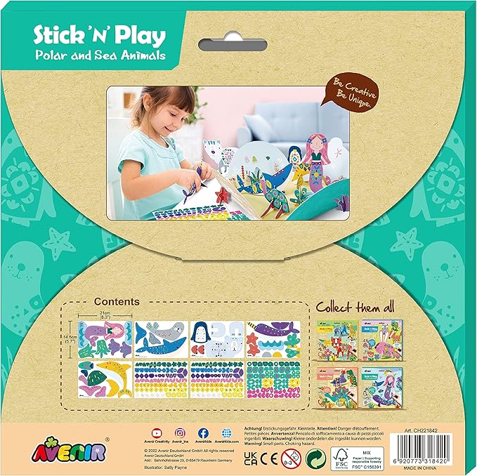 Avenir Stick 'N Play Series - Polar & Sea Animals | 200+ Reusable Stickers for Endless Fun! Create Play Scenes with 8 Illustrated Theme Cards, Make Your Own Animal Figures | For Kids 3+ - Marah Kids