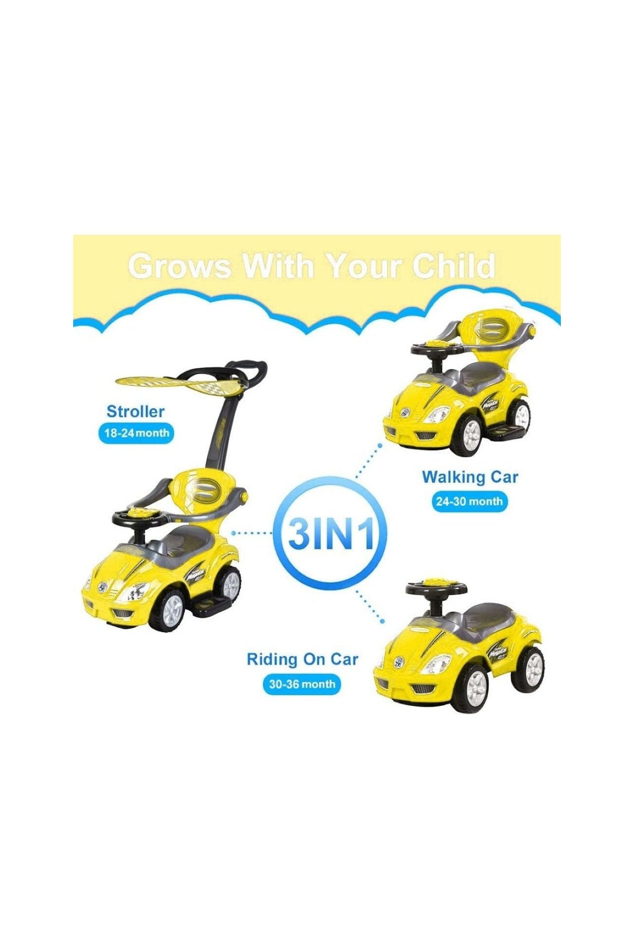 Amsham Mega Car Canpoy Pusher Car - Yellow - Marah Kids