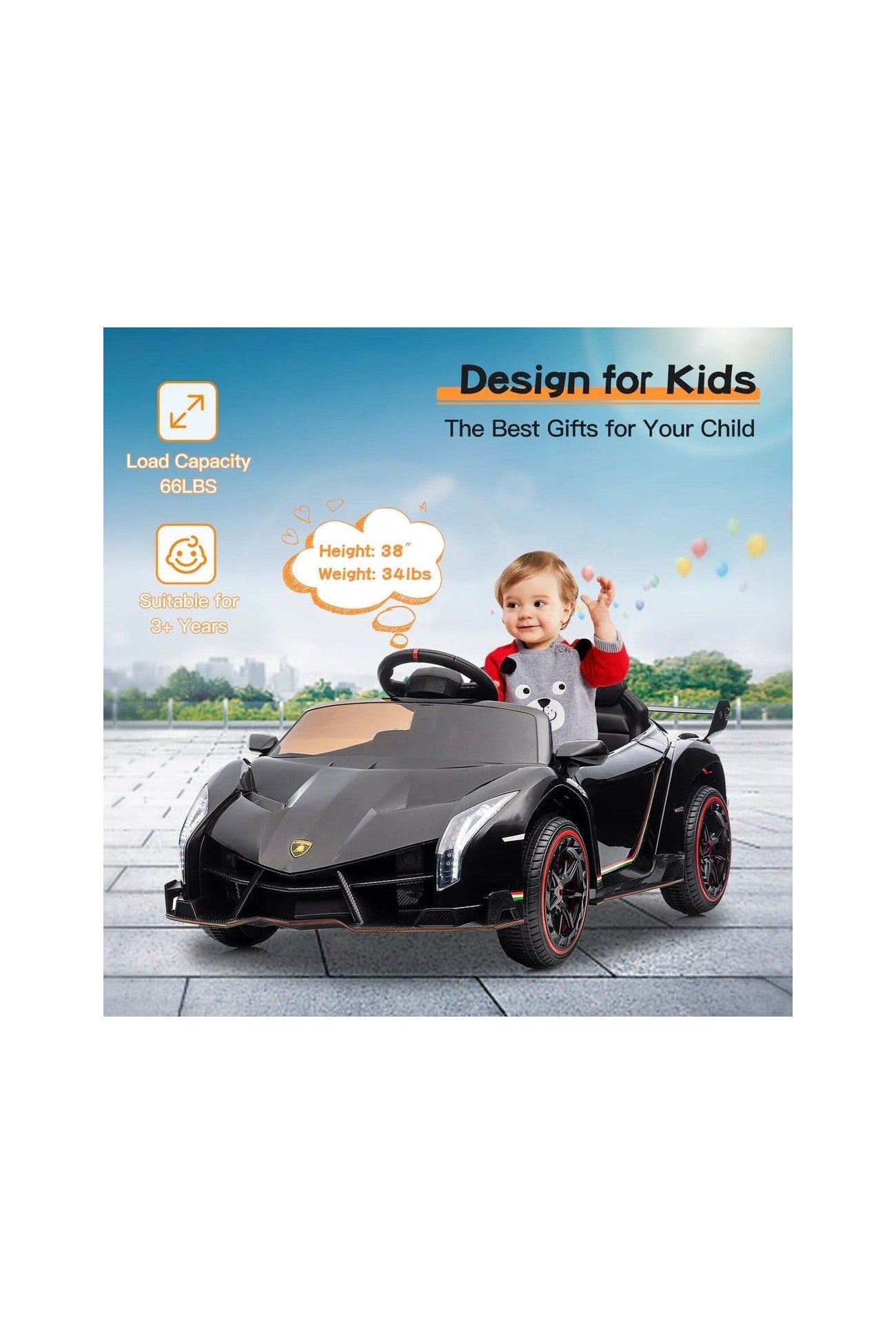 Lamborghini Veneno Kids Electric Car - Black (12V) - Marah Kids