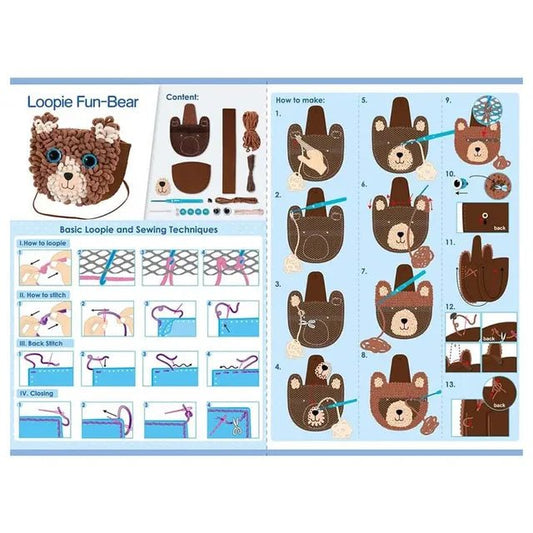 Avenir Loopie Fun - My First Plush Bag Kit - Bear| Learn to Sew with Loopies! Complete Kit with Felt, Soft Yarn, Crochet Hook, and Step - by - Step Instructions – Safe & Easy to Use | Kids Aged 3+ - Marah Kids