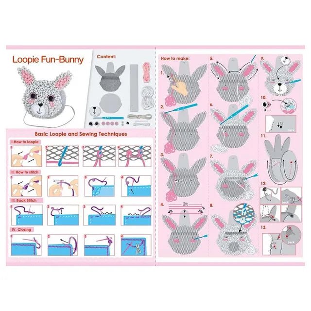 Avenir Loopie Fun - My First Plush Bag Kit - Bunny| Learn to Sew with Loopies! Complete Kit with Felt, Soft Yarn, Crochet Hook, and Step - by - Step Instructions – Safe & Easy to Use | Kids Aged 3+ - Marah Kids