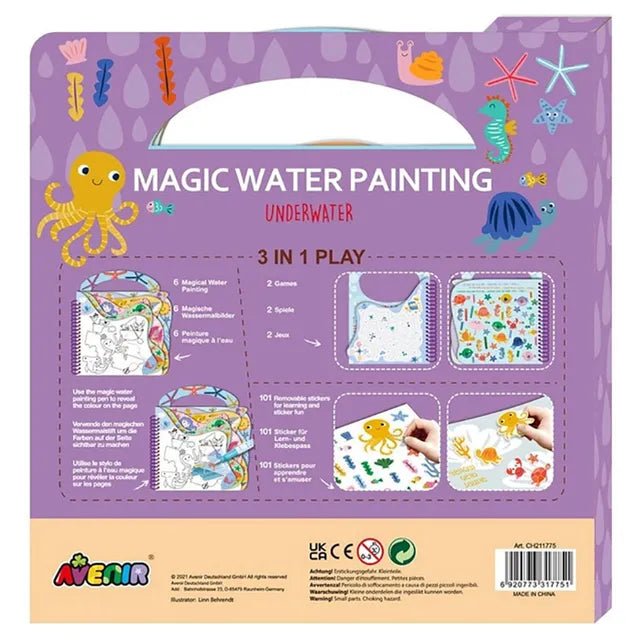 Avenir Magic Water Painting – Underwater | 6 Reusable Coloring Surfaces, 2 Sheets of Repositionable Stickers, and Refillable Water Pen, Easy to Carry | Kids 3+ - Marah Kids
