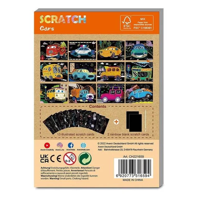 Avenir - Mini Scratch Book - Cars | Introducing the "Mini Scratch Book: Cars Edition" — a journey through 15 pages of creativity and wonder! Unleash your imagination as you scratch to reveal vivid colors| Ages 3+ - Marah Kids