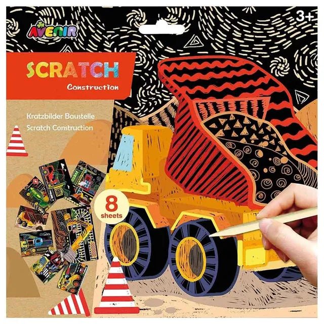 Avenir Scratch Art Kit – Construction | Unleash Creativity with Vibrant Drawings! 4 Themed Scratch Boards and Scratch Tool | Watch Brilliant Colors Unfold, Engaging Activity for Young Artists 3+ - Marah Kids