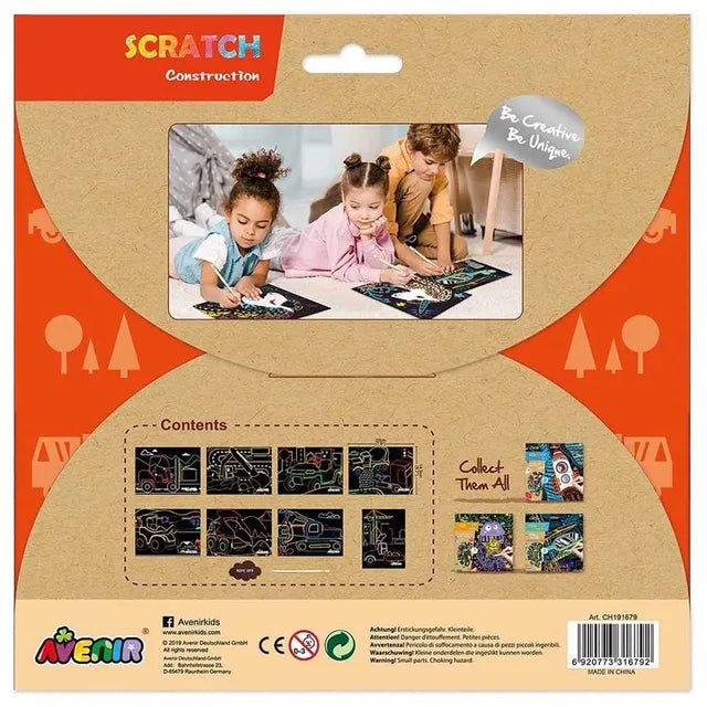 Avenir Scratch Art Kit – Construction | Unleash Creativity with Vibrant Drawings! 4 Themed Scratch Boards and Scratch Tool | Watch Brilliant Colors Unfold, Engaging Activity for Young Artists 3+ - Marah Kids
