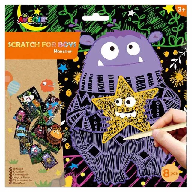 Avenir Scratch Art Kit – Monster | Unleash Creativity with Vibrant Drawings! 4 Themed Scratch Boards and Scratch Tool | Watch Brilliant Colors Unfold, Engaging Activity for Young Artists 3+ - Marah Kids