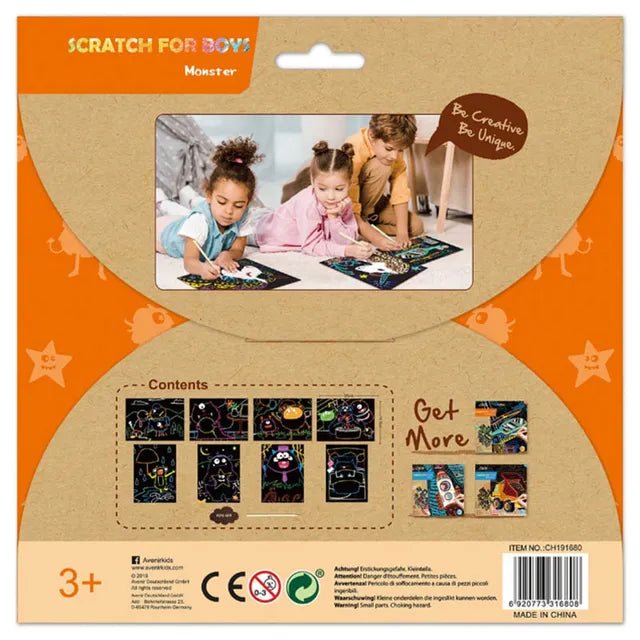Avenir Scratch Art Kit – Monster | Unleash Creativity with Vibrant Drawings! 4 Themed Scratch Boards and Scratch Tool | Watch Brilliant Colors Unfold, Engaging Activity for Young Artists 3+ - Marah Kids