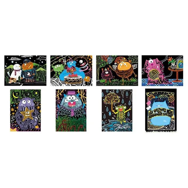 Avenir Scratch Art Kit – Monster | Unleash Creativity with Vibrant Drawings! 4 Themed Scratch Boards and Scratch Tool | Watch Brilliant Colors Unfold, Engaging Activity for Young Artists 3+ - Marah Kids