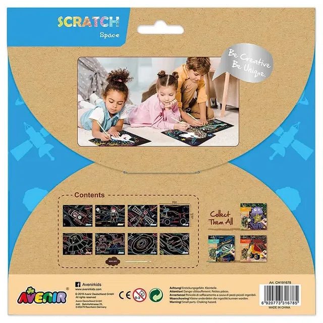 Avenir Scratch Art Kit – Space | Unleash Creativity with Vibrant Drawings! 4 Themed Scratch Boards and Scratch Tool | Watch Brilliant Colors Unfold, Engaging Activity for Young Artists 3+ - Marah Kids