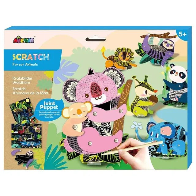 Avenir Scratch - Jungle Animals | Create Your Own Magical Scratch Art Puppets - 6 Jointed Puppets, 2 Backdrops, and More! | Fun and Interactive Art Project for Kids 3+ - Marah Kids