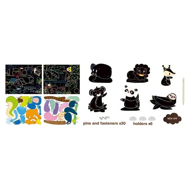 Avenir Scratch - Jungle Animals | Create Your Own Magical Scratch Art Puppets - 6 Jointed Puppets, 2 Backdrops, and More! | Fun and Interactive Art Project for Kids 3+ - Marah Kids