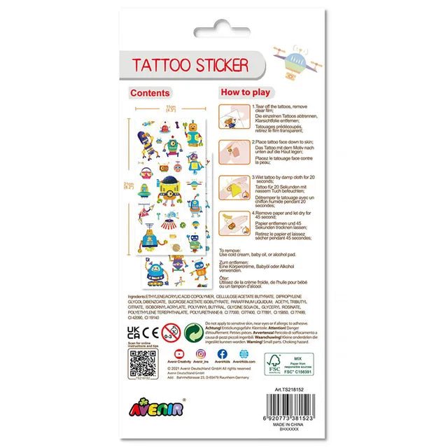 Avenir Tattoo Sticker - Robot | 50pc Set of Temporary Tattoos - High - Quality Water - Based Ink - Safe and Easy to Apply and Remove - Lasts 3 - 5 Days for Kids 3+ - Marah Kids