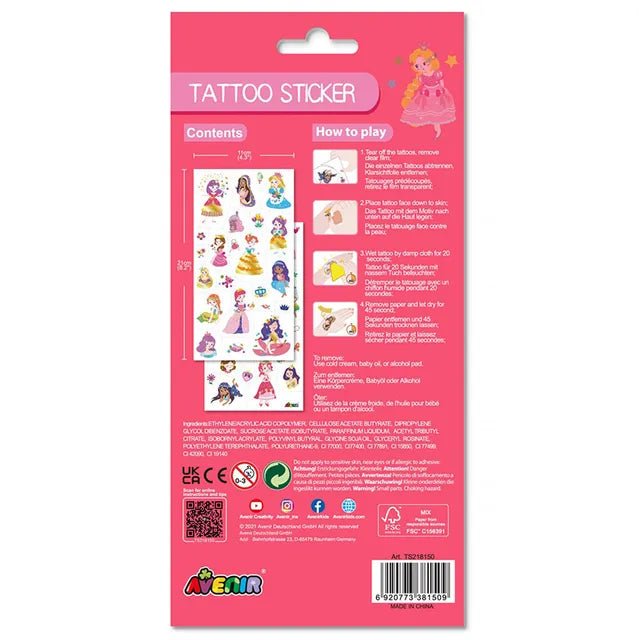 Avenir Tattoo Sticker - Princess | 52pc Set of Temporary Tattoos - High - Quality Water - Based Ink - Safe and Easy to Apply and Remove - Lasts 3 - 5 Days for Kids 3+ - Marah Kids