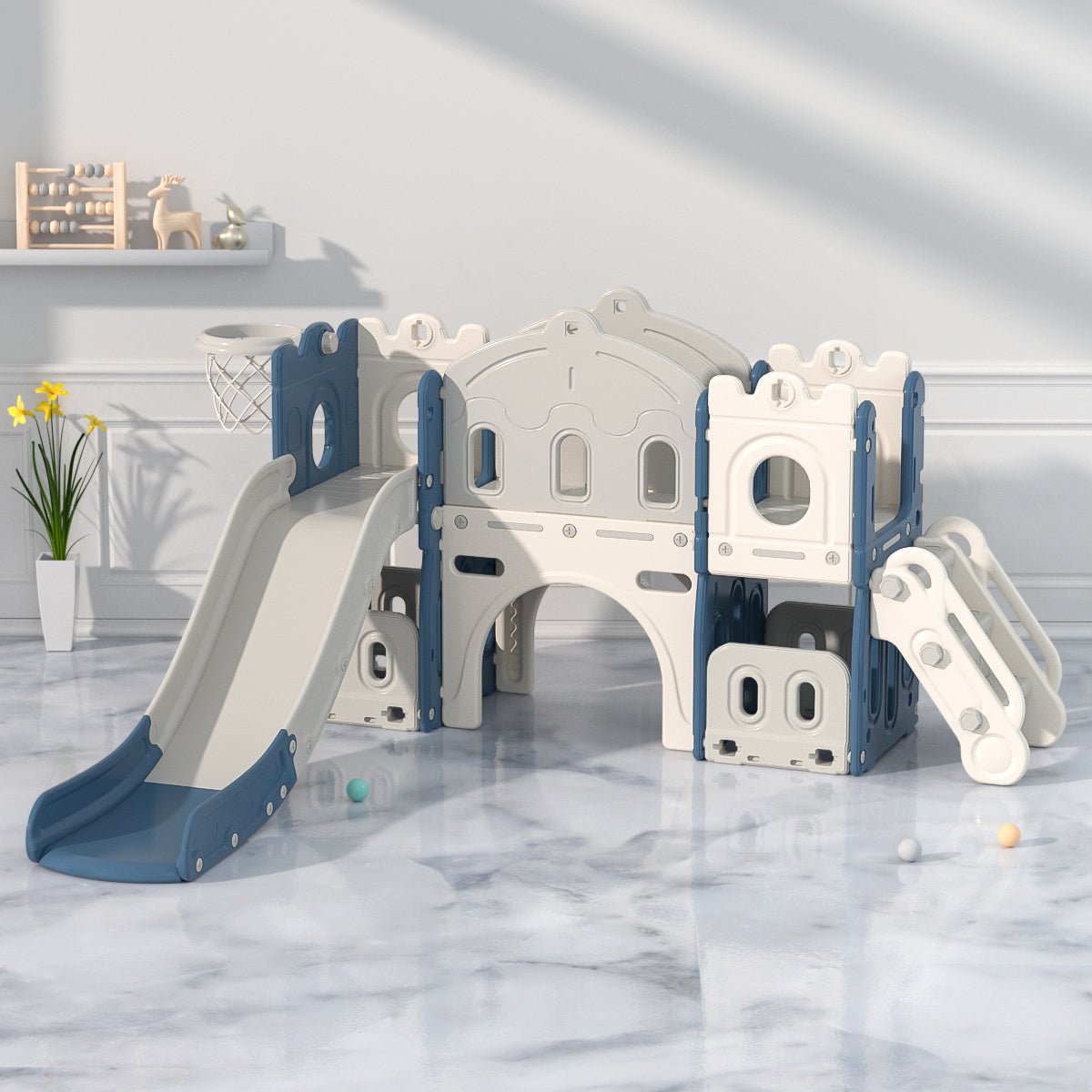 Twin Tower Playhouse with Slide and Basketball Hoop - Marah Kids