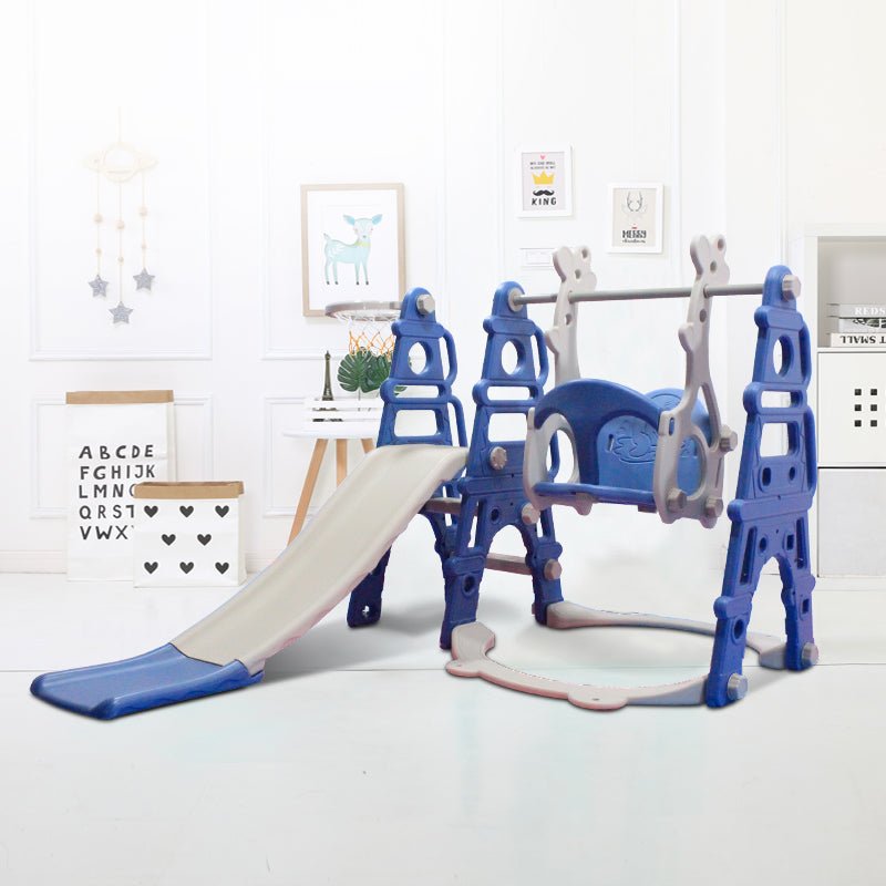 Slide & Swing Set w/ Basketball Hoop - Blue/Grey - Marah Kids