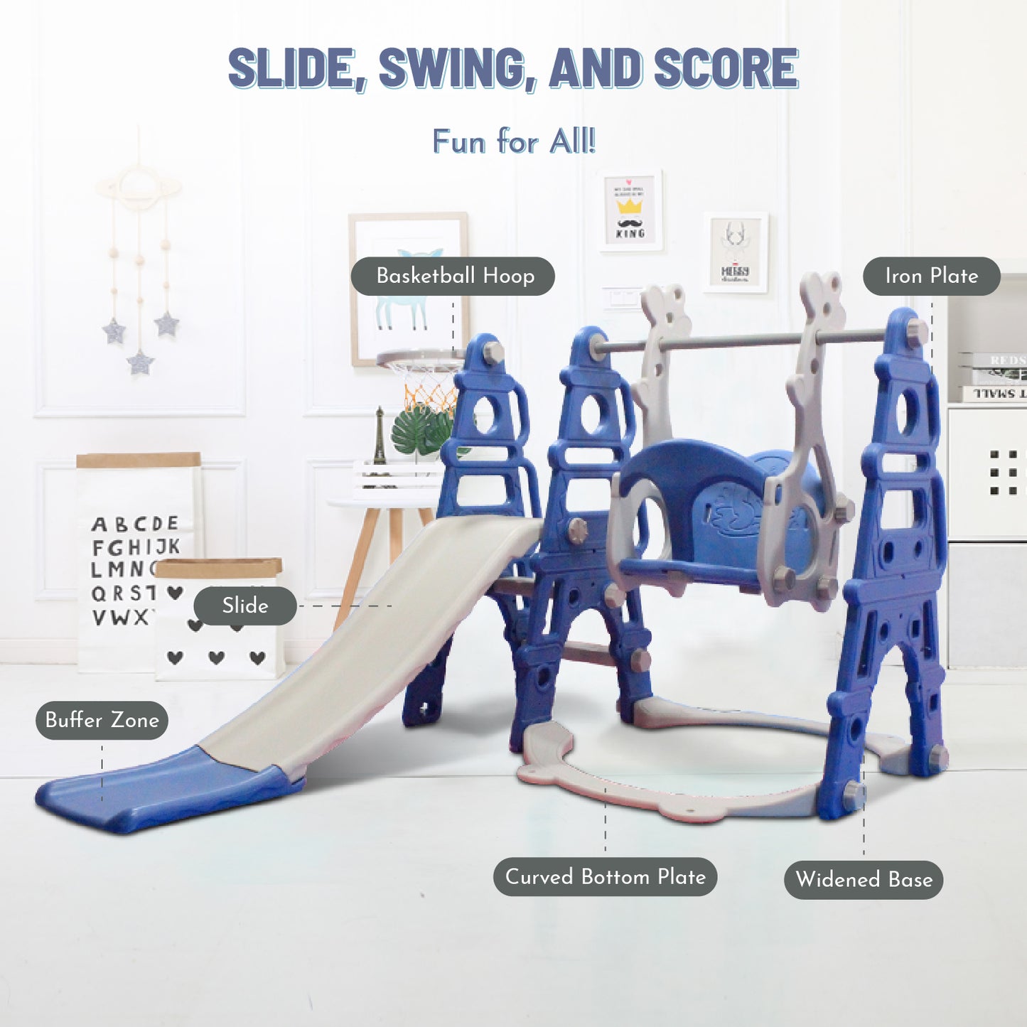 Slide & Swing Set w/ Basketball Hoop - Blue/Grey - Marah Kids