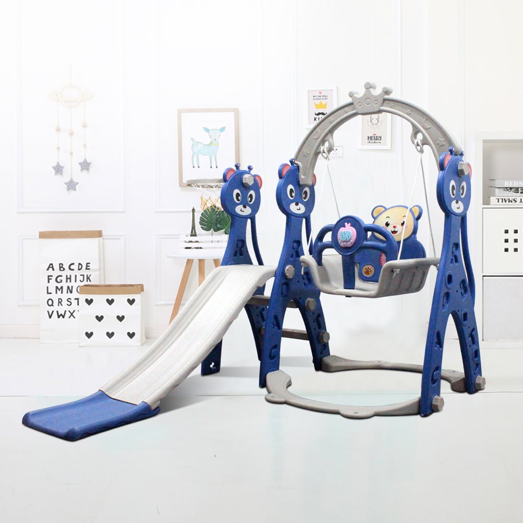 Slide & Swing Set W/ Basketball Hoop - Blue - Marah Kids