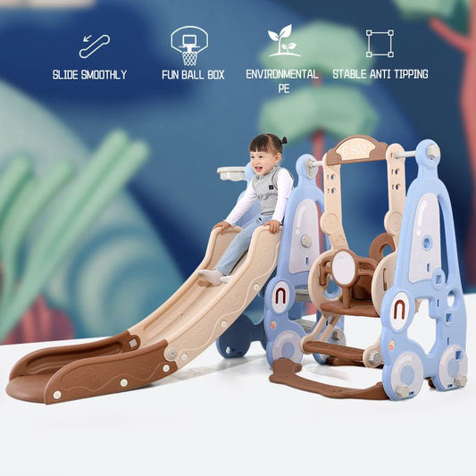 Lovely Baby - Slide & Swing Set w/ Basketball Hoop - Brown - Marah Kids