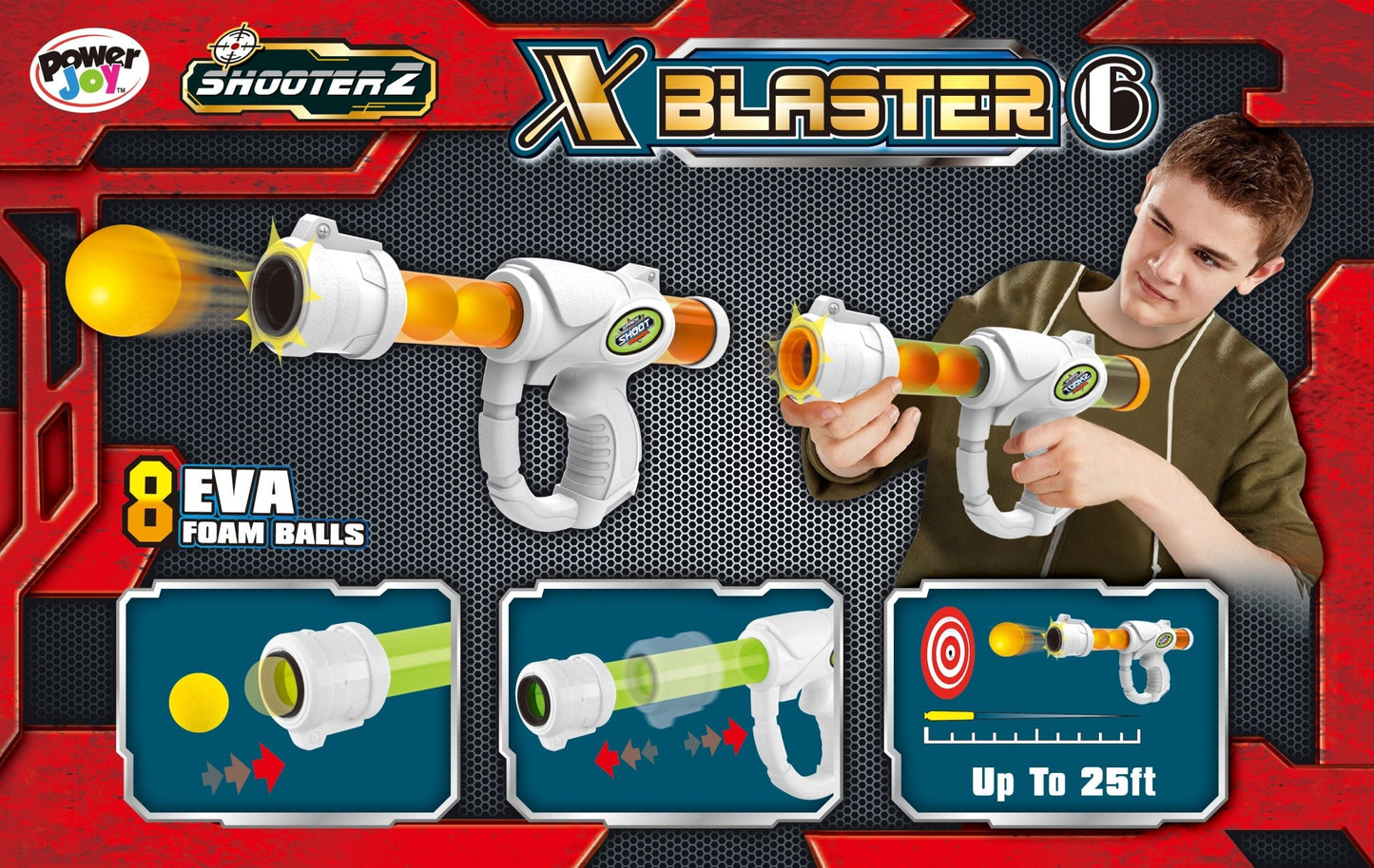 Power Joy Shooterz X Blaster 6 with Eva Foam Ball 8 - pieces, Assorted 1 Piece - Marah Kids