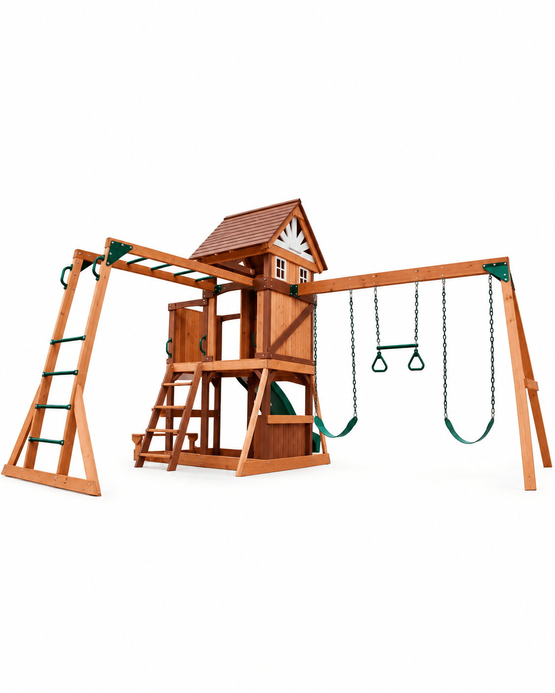 Mount Peak - Vinson Massif Swing Set and Playhouse with Wooden Roof - Marah Kids