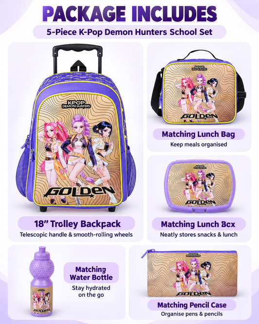 Netflix K-Pop Demon Hunters Golden 5-in-1 Kids Trolley School Set 18 Inch
