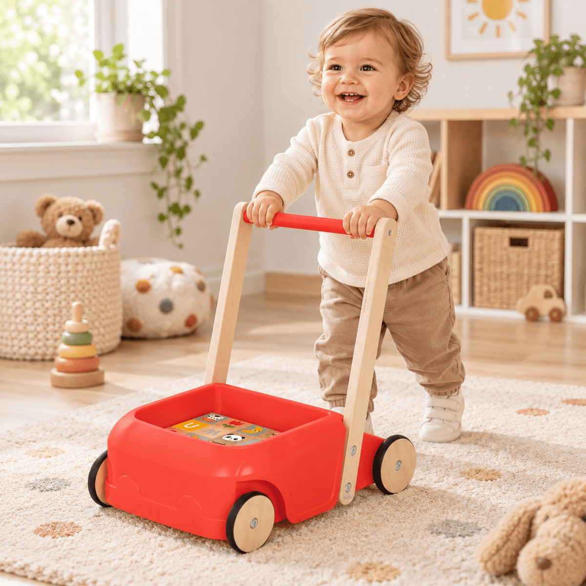 Tooky Toy Wooden Baby Walker with Educational Activity Blocks - Multifunction Learning Push Toy for Toddlers and Kids - Marah Kids