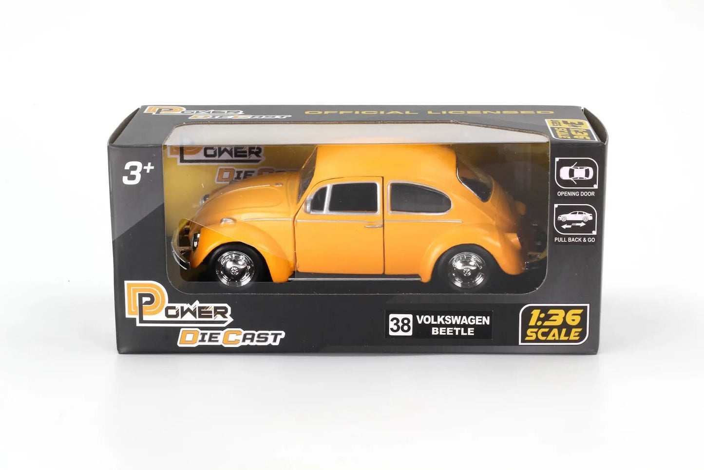 D - Power 1:36 Diecast Volkswagen Beetle 1967 – Matte Yellow, Pull Back, Classic Collectible Model Car - Marah Kids