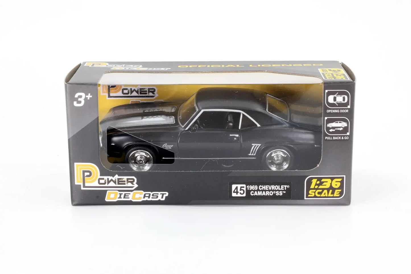 D - Power 1:36 Diecast Chevrolet Camaro 1969 – Matte Black, Pull Back - Marah Kids