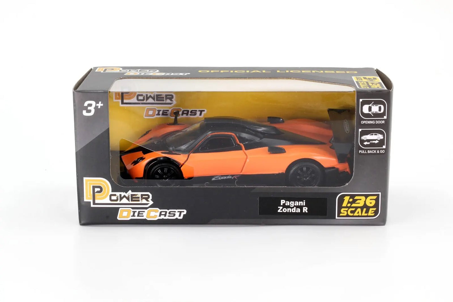 D - Power 1:36 Diecast Pagani Zonda R – Orange, Pull Back, Collectible Supercar Model - Marah Kids