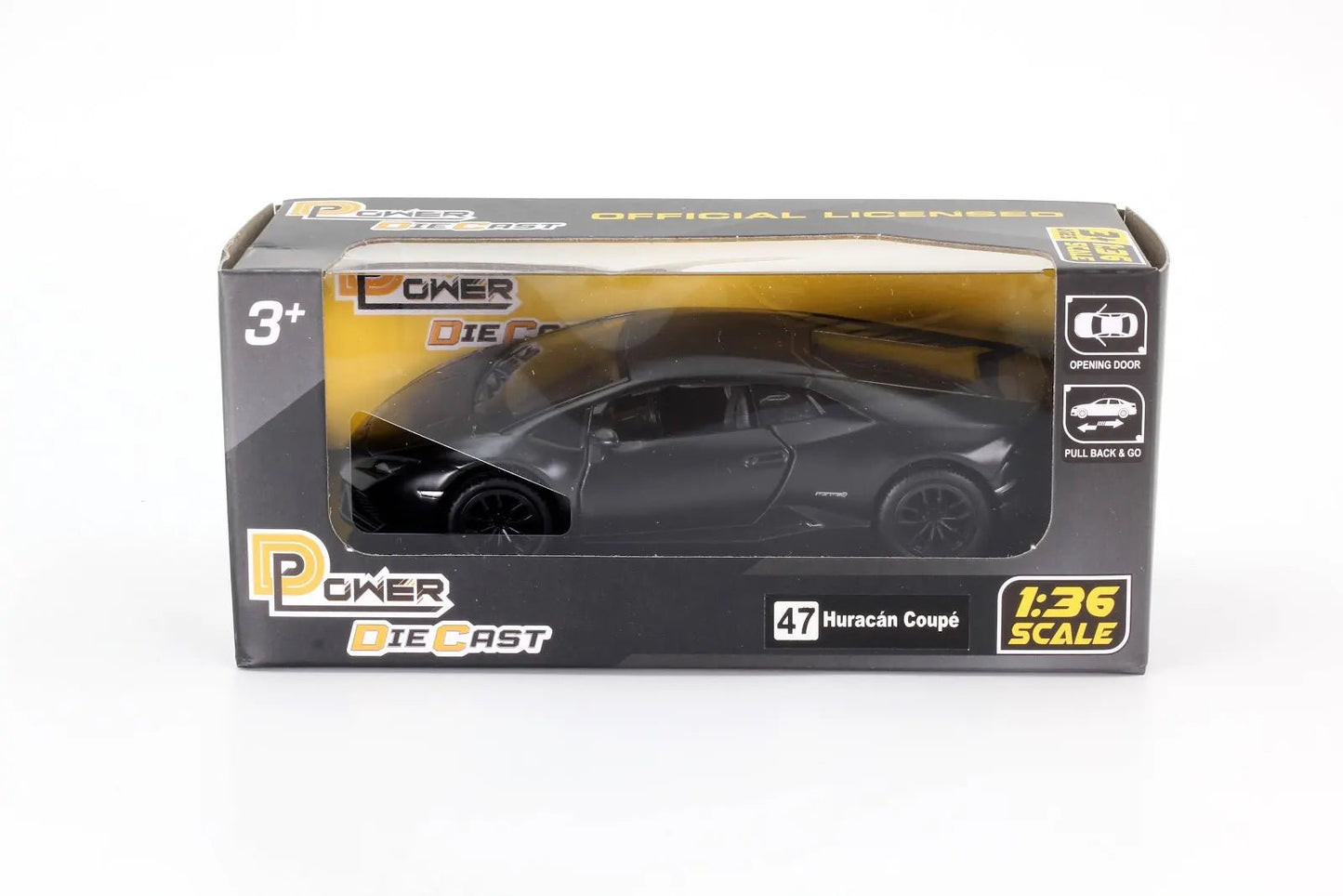 D - Power 1:36 Diecast Lamborghini Huracan LP610 - 4 – Matte Black, Pull Back - Marah Kids