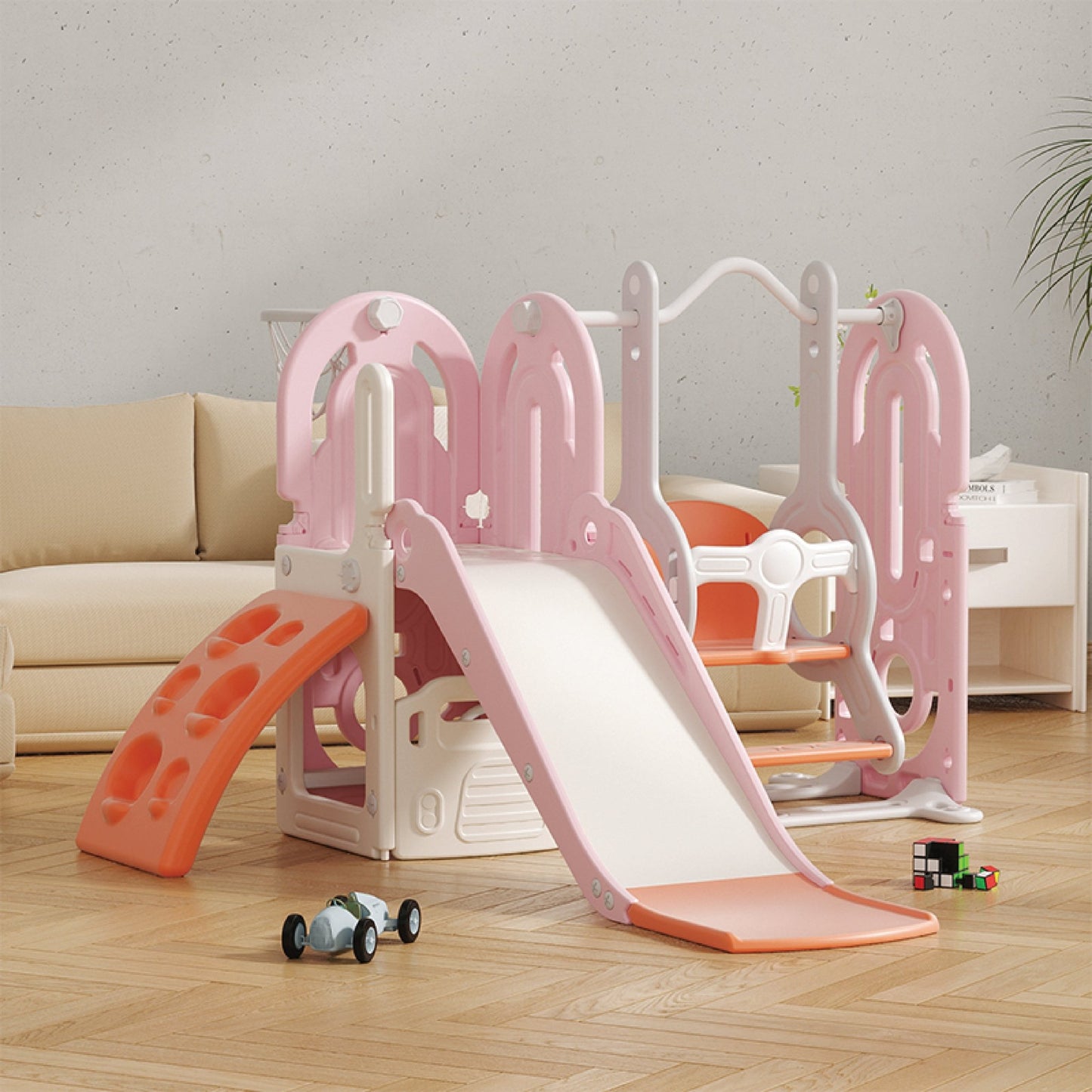 Slide & Swing Set w/ Climbing Wall & Basketball Hoop - Pink - Marah Kids