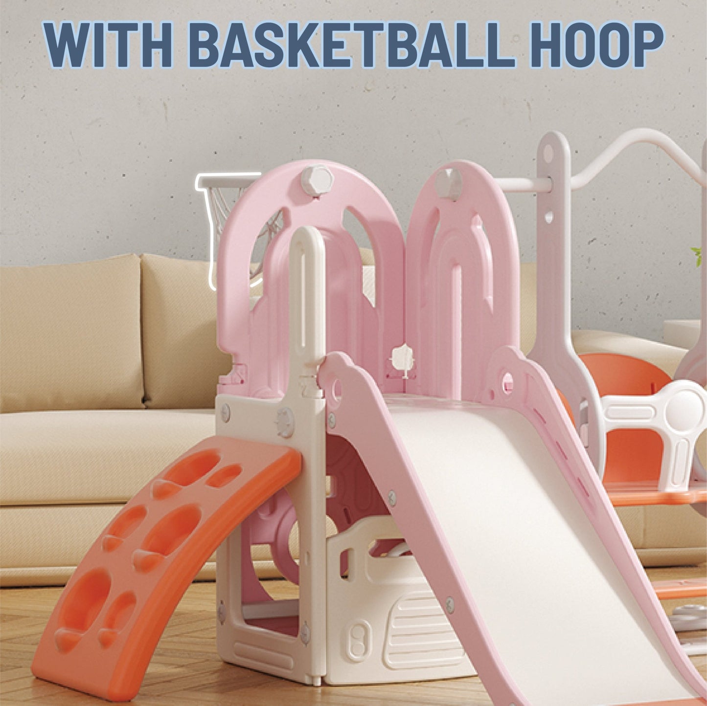 Slide & Swing Set w/ Climbing Wall & Basketball Hoop - Pink - Marah Kids